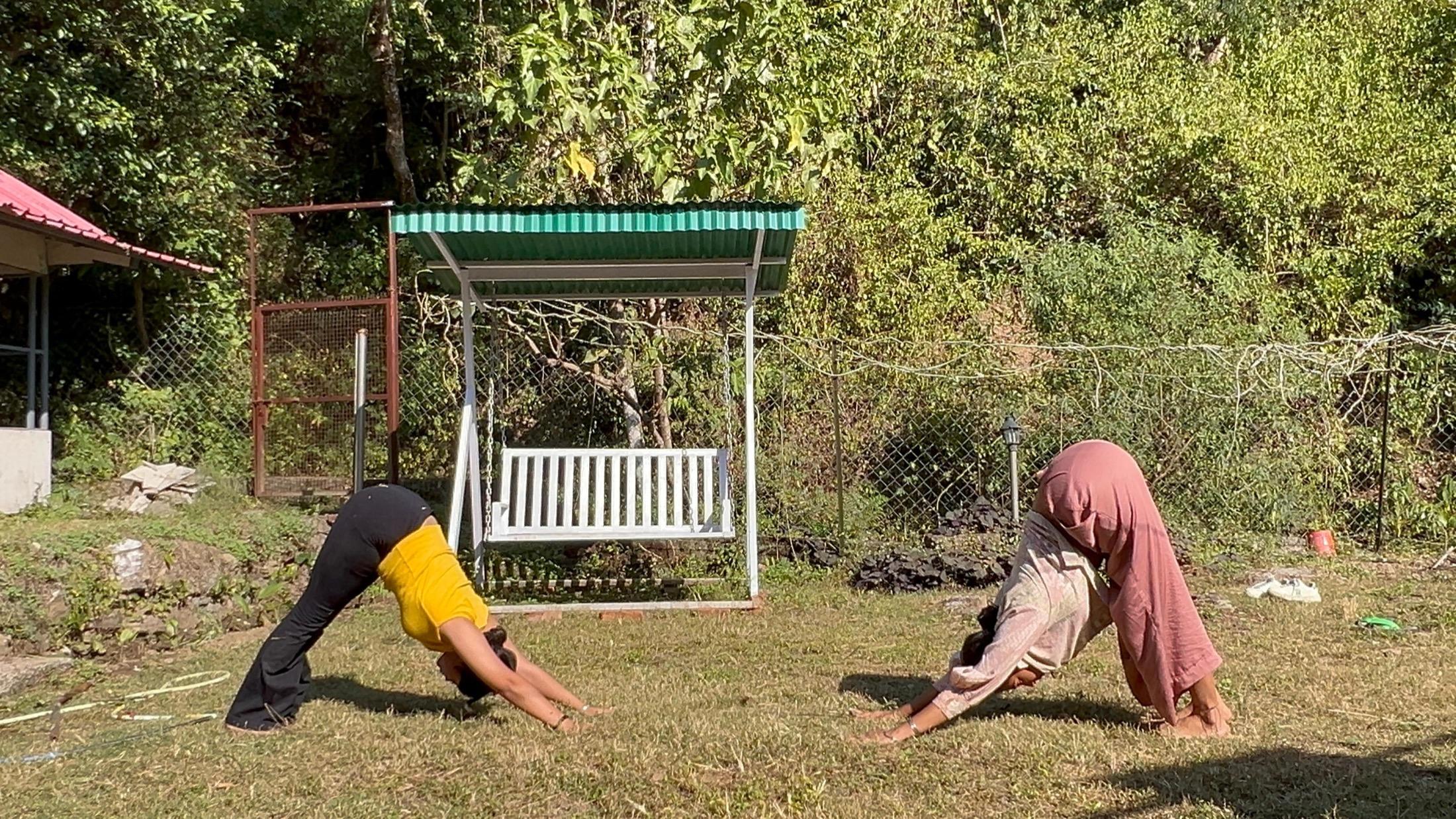 Two students in downward-facing dog on the lawn beside the garden swing, forest rising behind them