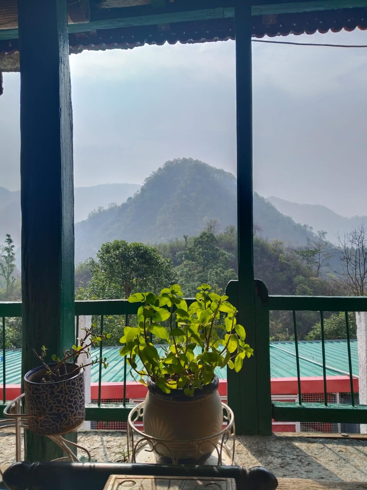 Low seating and bolsters along the veranda, with morning light coming in off the valley